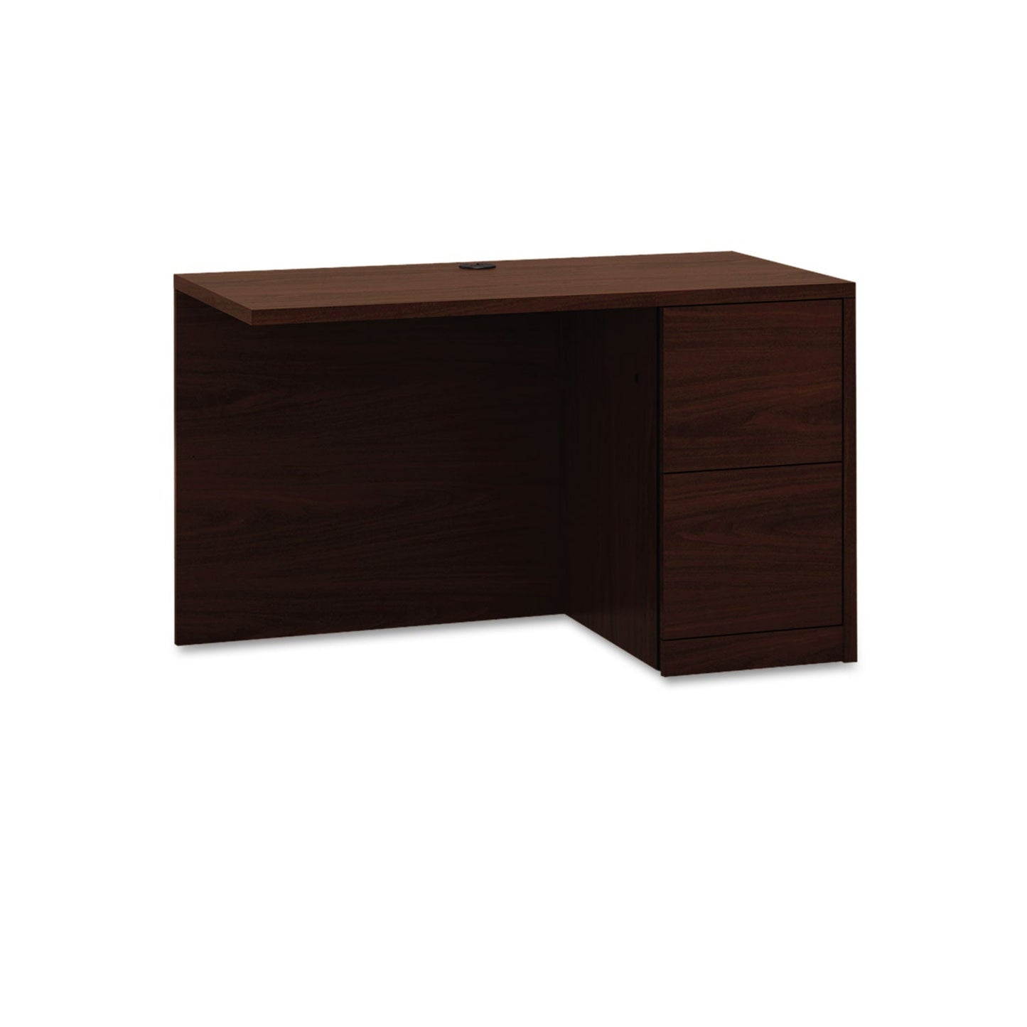 Front view of the 10500 Series L Workstation Return, 48" wide x 24" deep x 29.5" high, featuring a full-height right pedestal in a mahogany finish.product-image