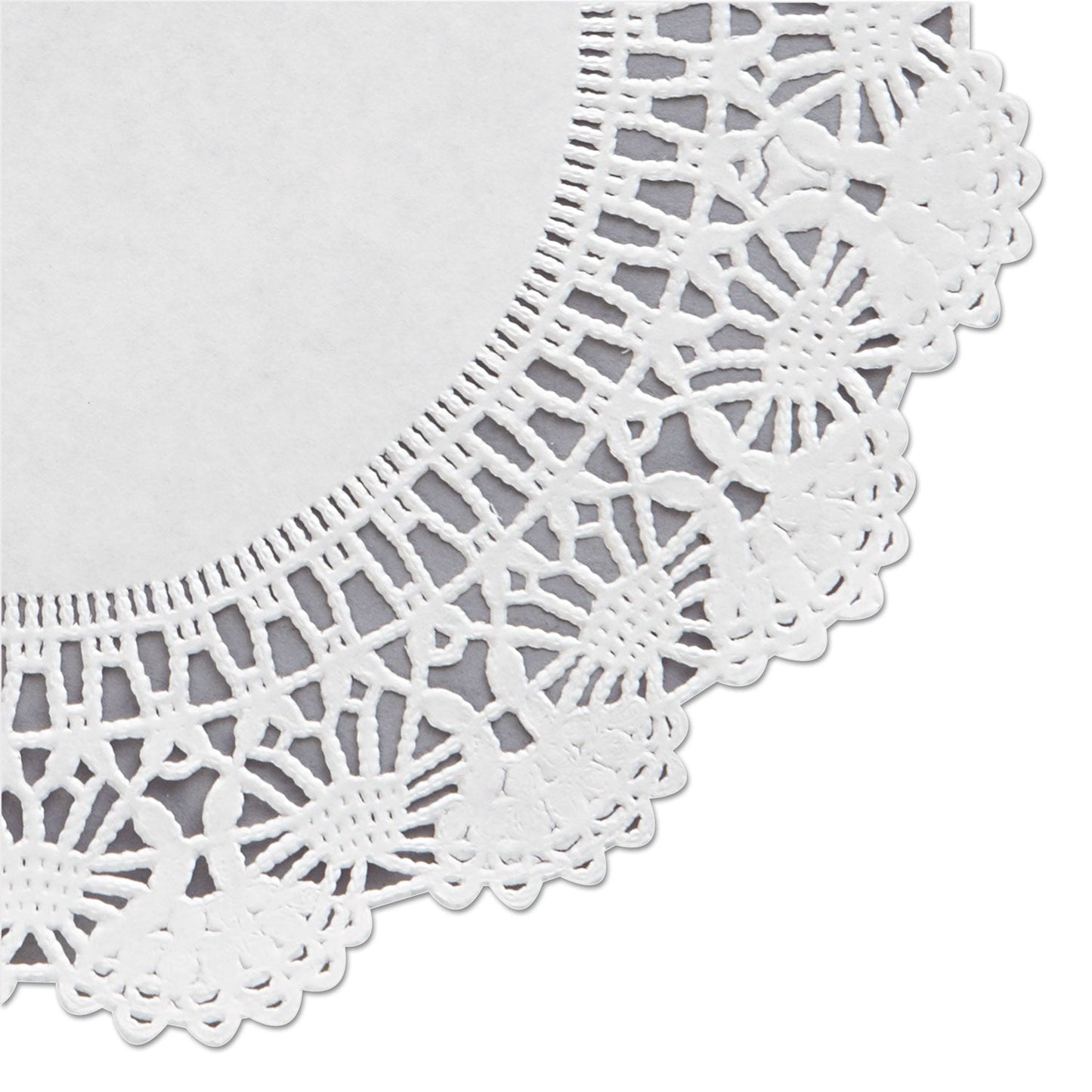 Alt text for Image 2: Single 8-inch round Cambridge lace doily in white, showcasing intricate lace detailing.product-image