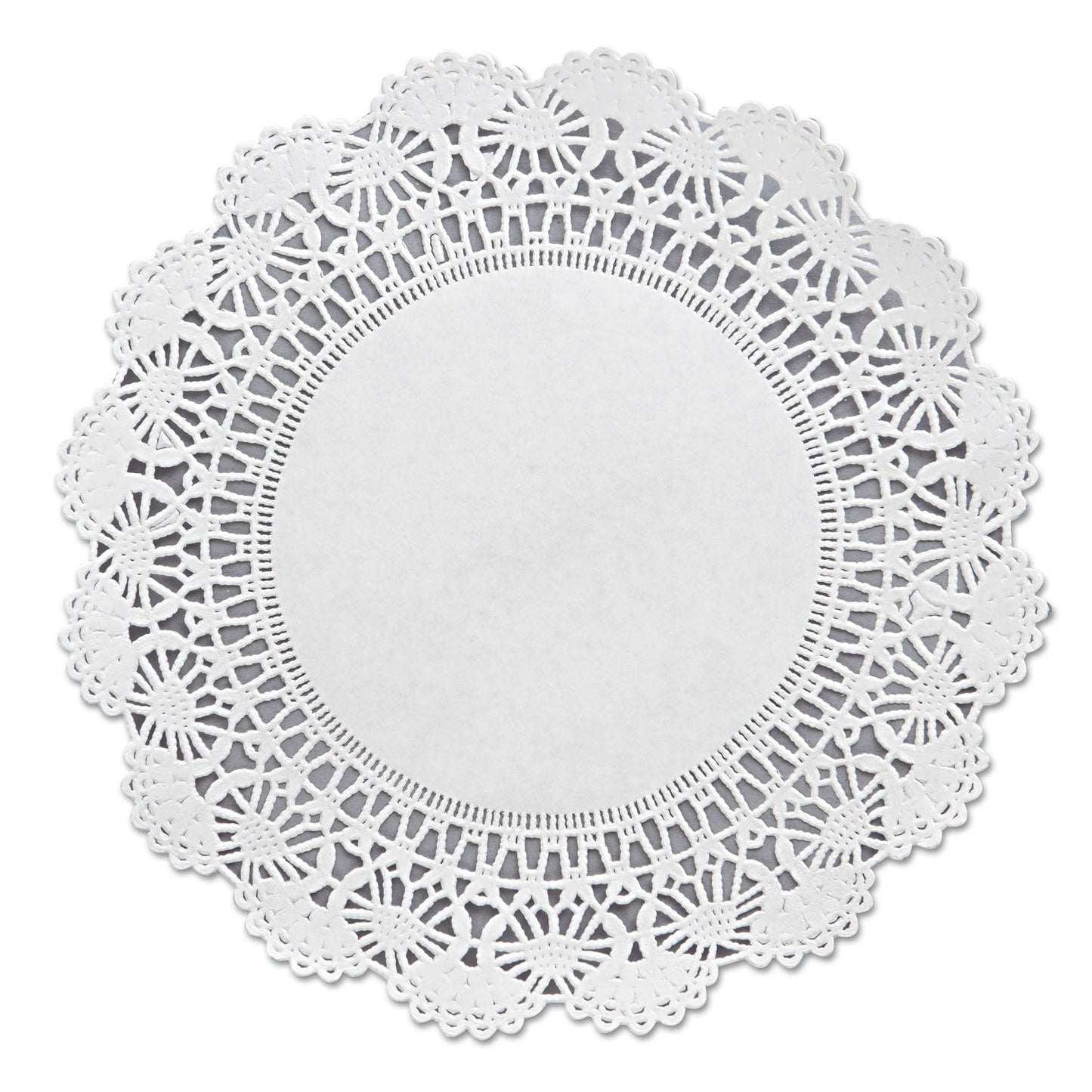 Alt text for Image 1: Stack of round white Cambridge lace doilies, 8-inch size, shown in bulk packaging.product-image