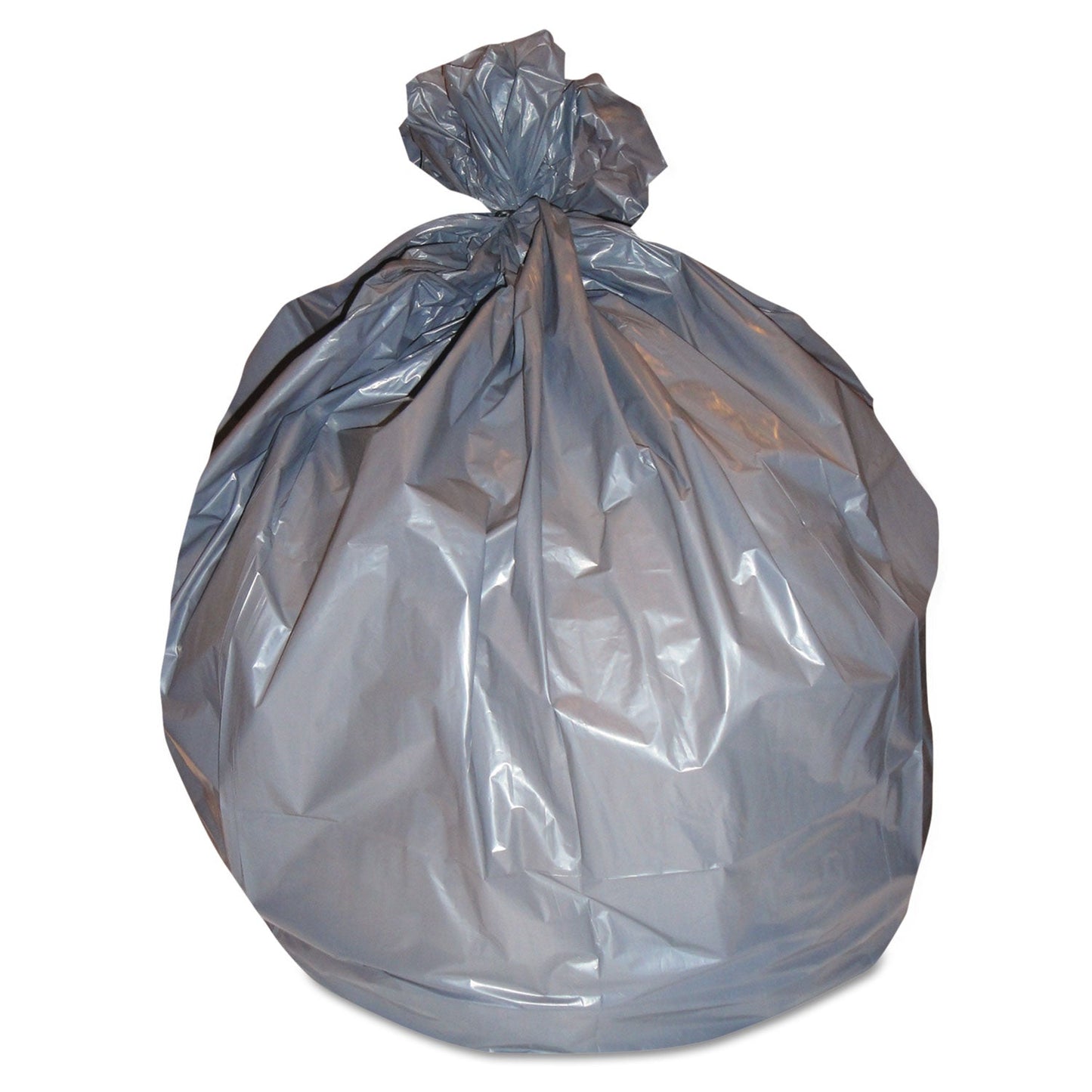 Single silver linear low-density can liner, 45-gallon capacity, 39" x 46", shown partially opened.product-image