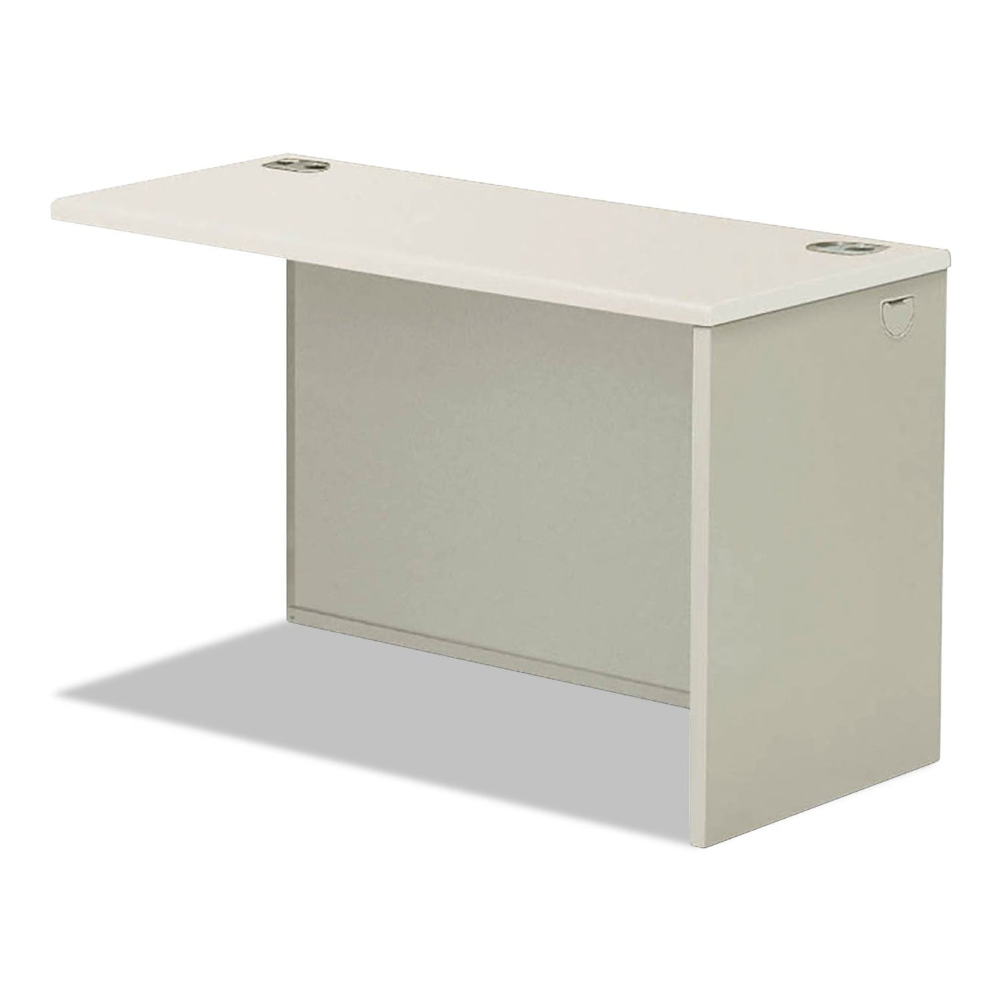 Right-facing 38000 Series Return Shell measuring 33.75" wide by 65" deep, shown in a silver mesh and light gray finish with a durable, professional design.