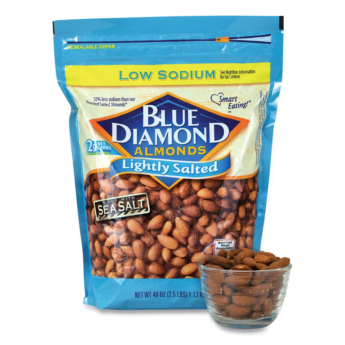 10 oz bag of low sodium lightly salted almonds, showing packaging and contents.product-image
