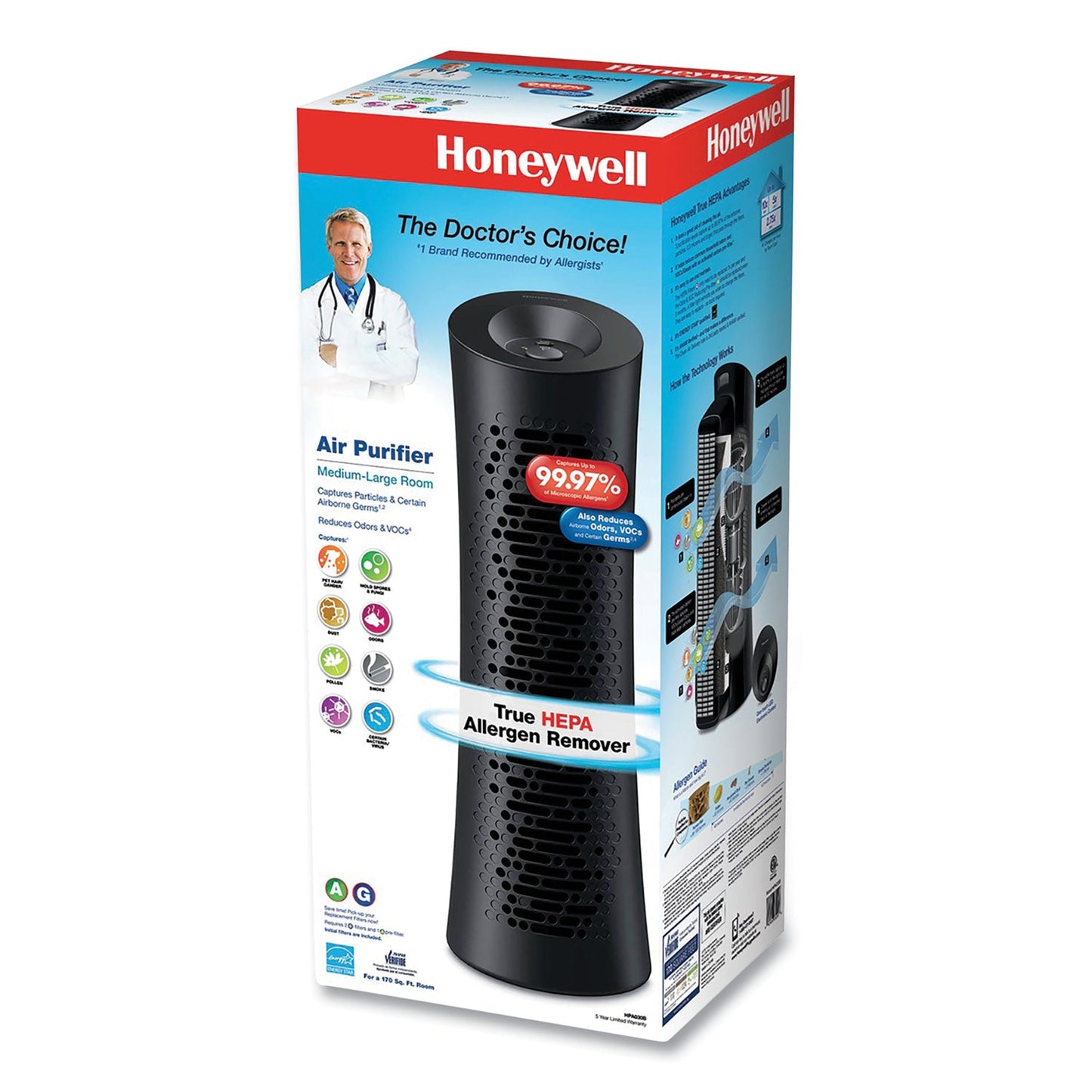 Allergen Plus HEPA Tower Air Purifier, 170 sq ft Room Capacity, Black - OrderMe