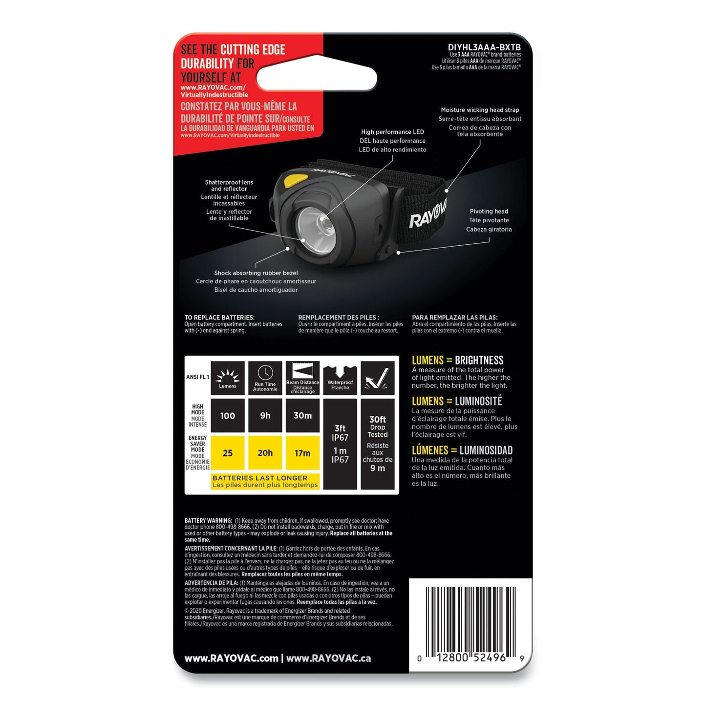 Virtually Indestructible LED Headlight, 3 AAA Batteries (Included), 30 m Projection, Black - OrderMe