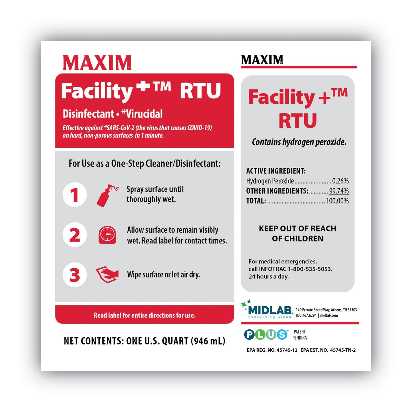 Facility+ RTU Disinfectant, Safe-to-Ship, Unscented, 32 oz, 6/Carton - OrderMe