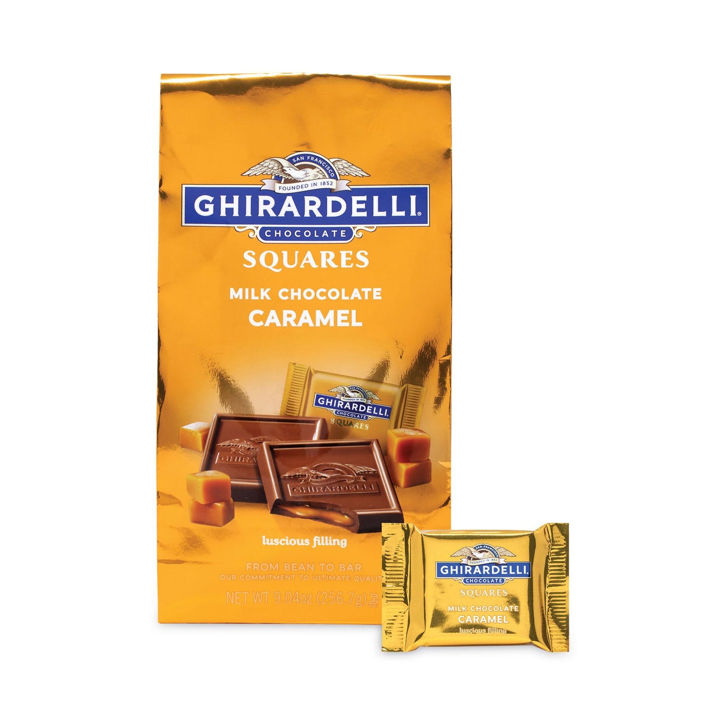 Front view of two 9.04 oz bags of milk chocolate and caramel squares in a pack.product-image