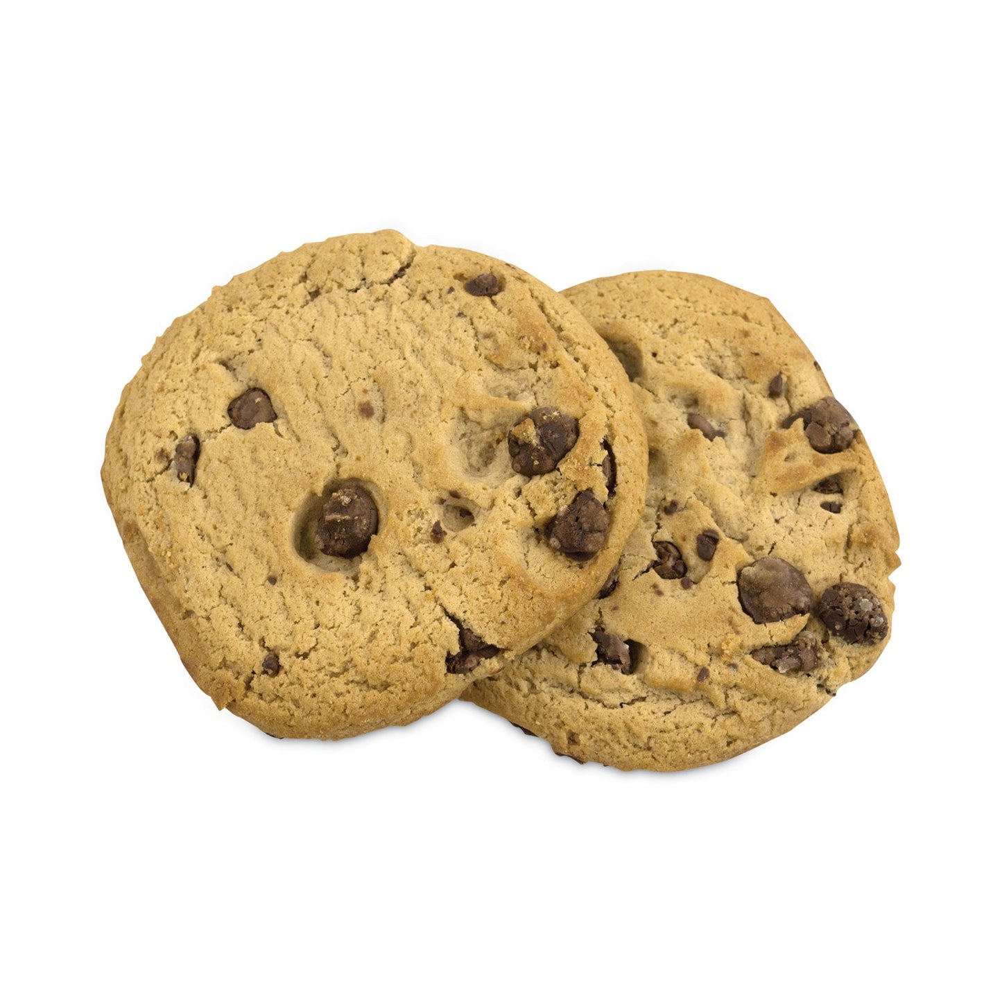 Opened pack revealing two soft and chewy chocolate chip cookies on display.product-image