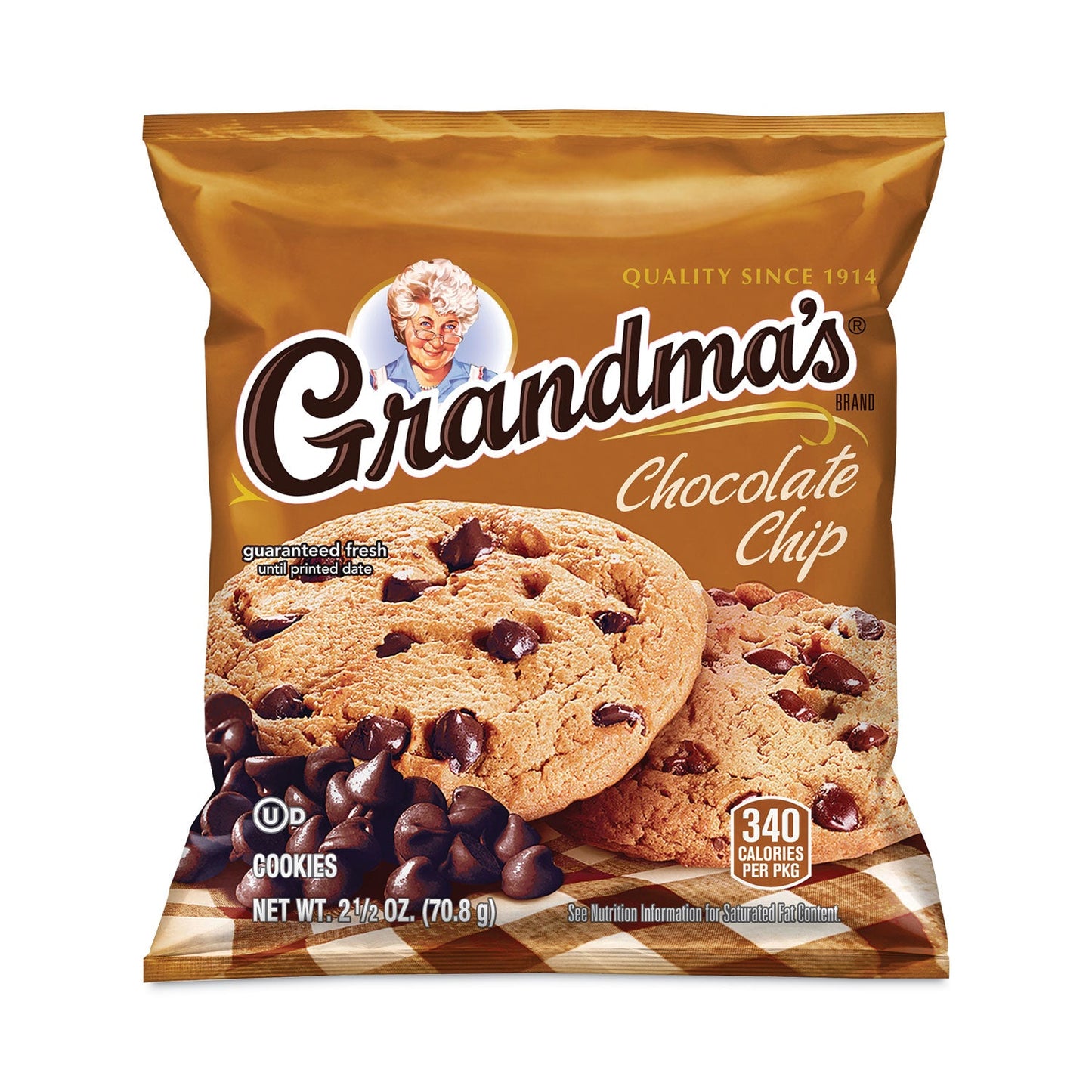 Front view of a 2.5 oz pack of homestyle chocolate chip cookies, labeled with two cookies per pack.product-image