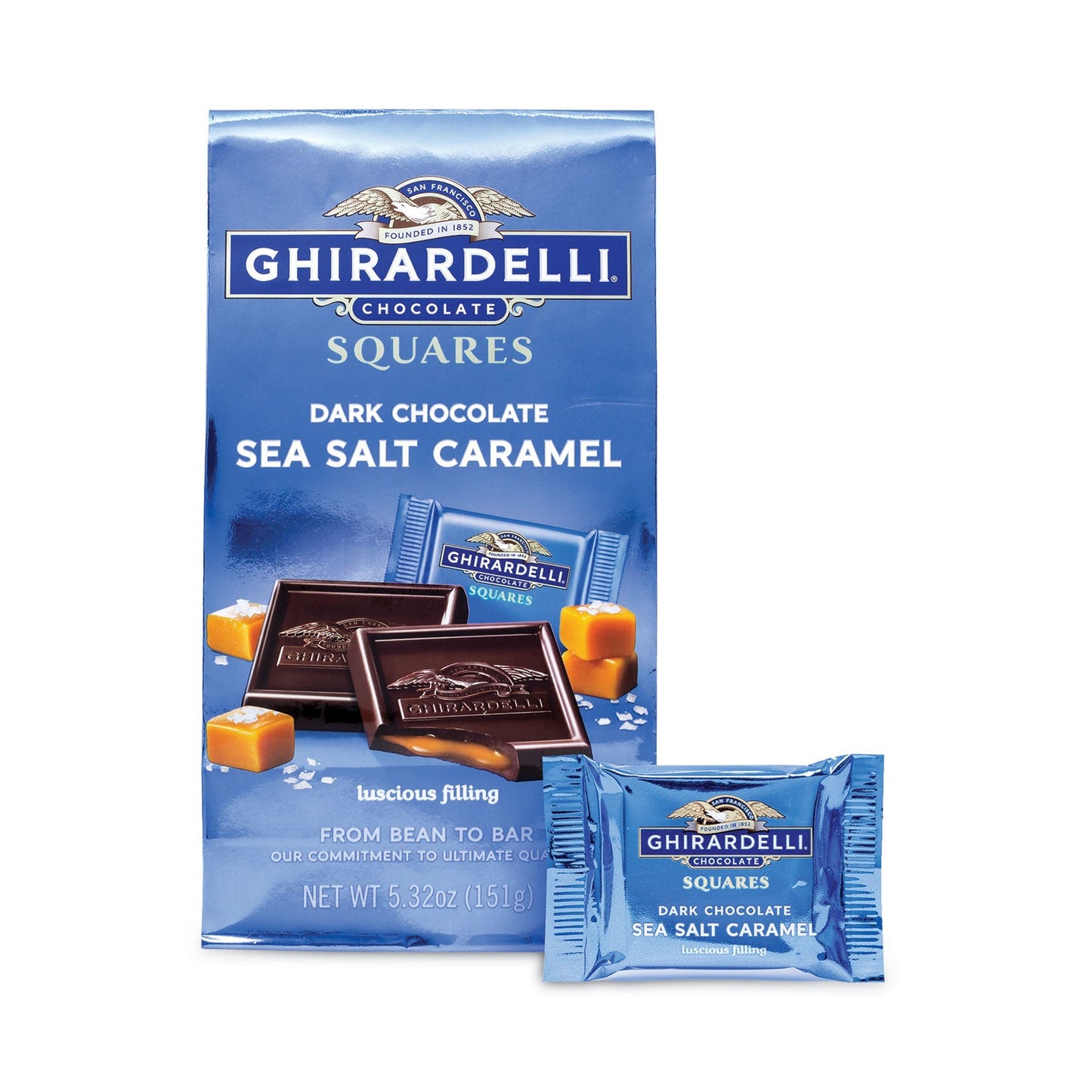 Three 5.32 oz packs of dark and sea salt caramel chocolate squares, arranged side by side.product-image