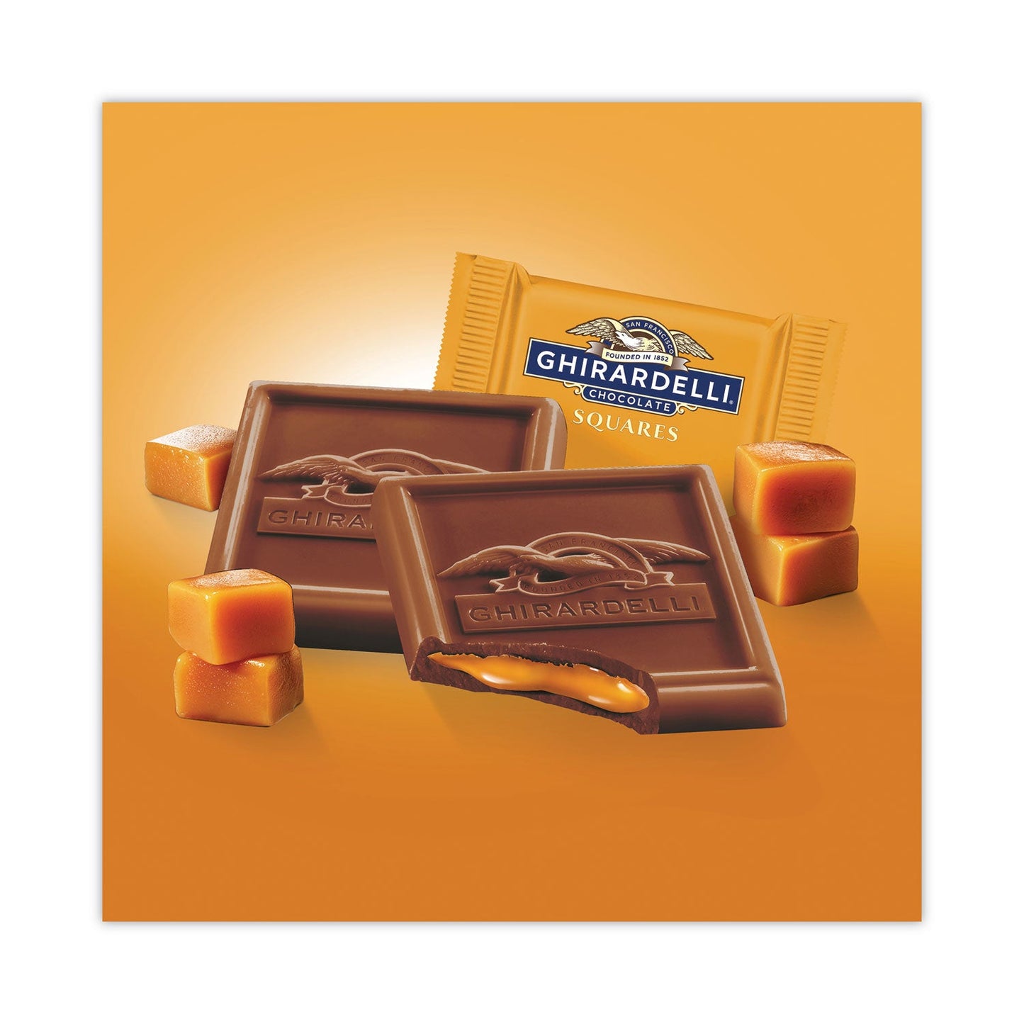 Assorted milk chocolate and caramel squares displayed in a bowl.product-image