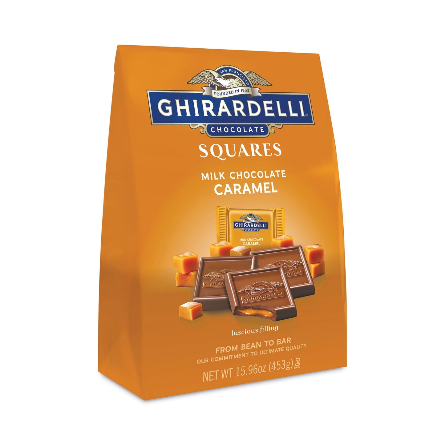 Front view of 15.96 oz bag of milk chocolate and caramel chocolate squares with branded packagingproduct-image