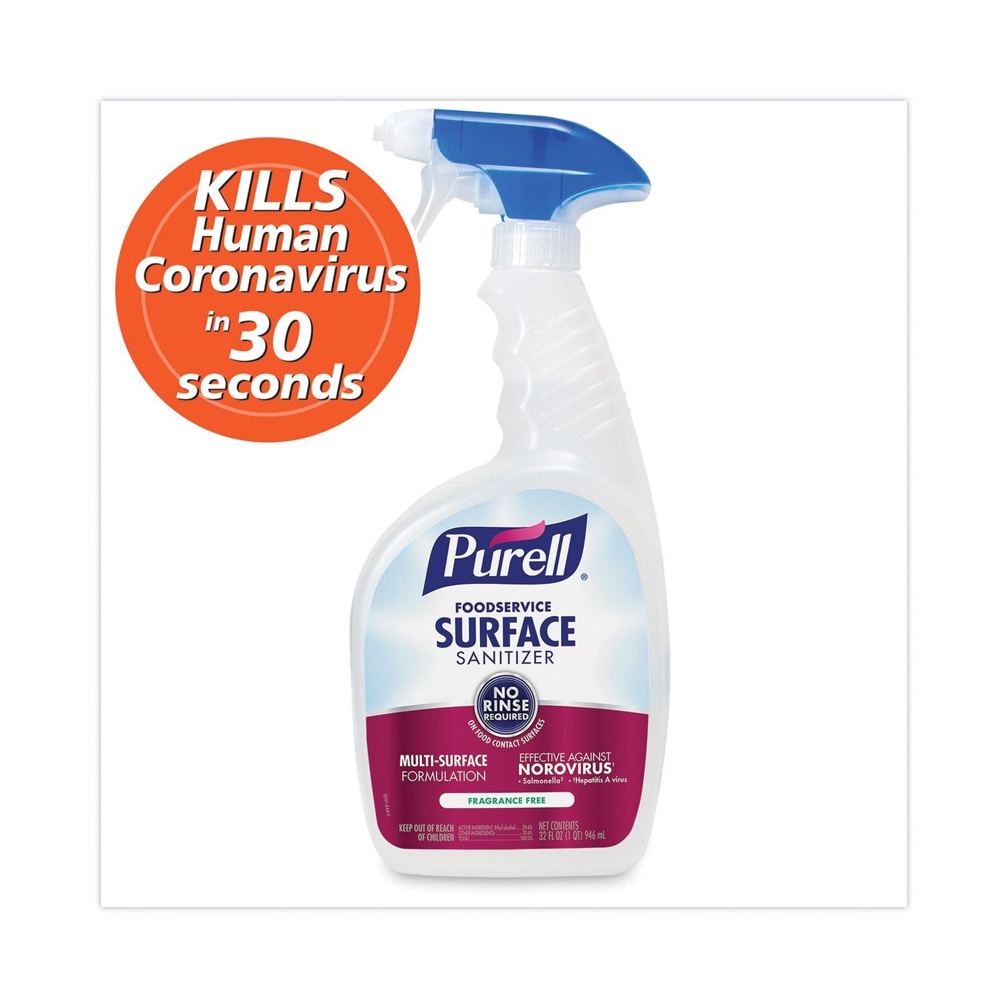 Foodservice Surface Sanitizer, Fragrance Free, 32 oz Capped Bottle with Spray Trigger Included in Carton, 6/Carton - OrderMe