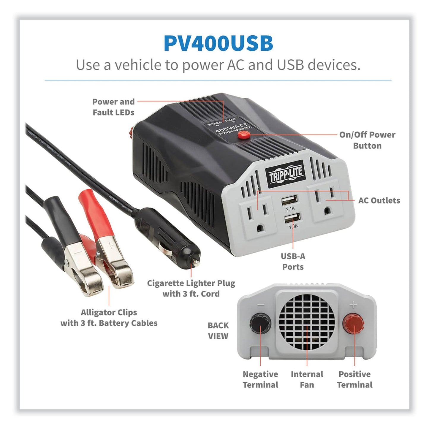 PowerVerter Ultra-Compact Car Inverter, 400 W, Two AC Outlets/Two USB Ports, 3.1 A - OrderMe