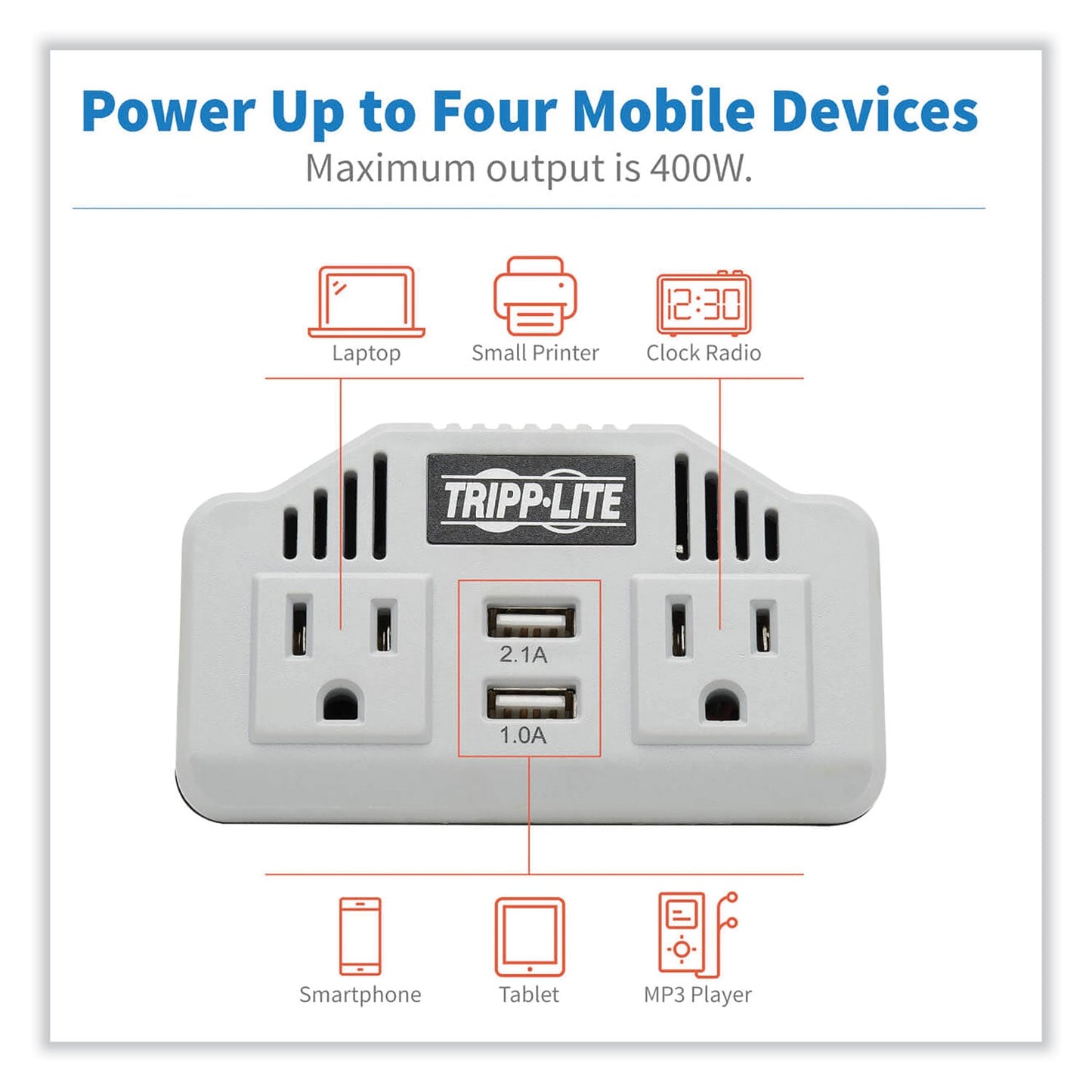 PowerVerter Ultra-Compact Car Inverter, 400 W, Two AC Outlets/Two USB Ports, 3.1 A - OrderMe