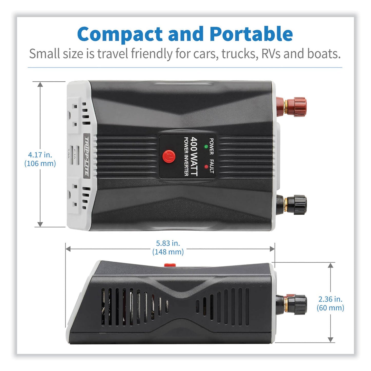 PowerVerter Ultra-Compact Car Inverter, 400 W, Two AC Outlets/Two USB Ports, 3.1 A - OrderMe