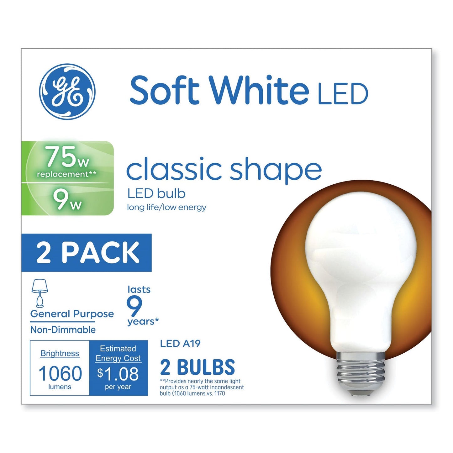 Classic LED Soft White Non-Dim A19 Light Bulb, 9 W, 2/Pack - OrderMe