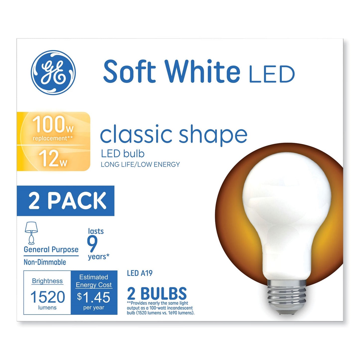 Classic LED Non-Dim A19 Light Bulb, 12 W, Soft White, 2/Pack - OrderMe