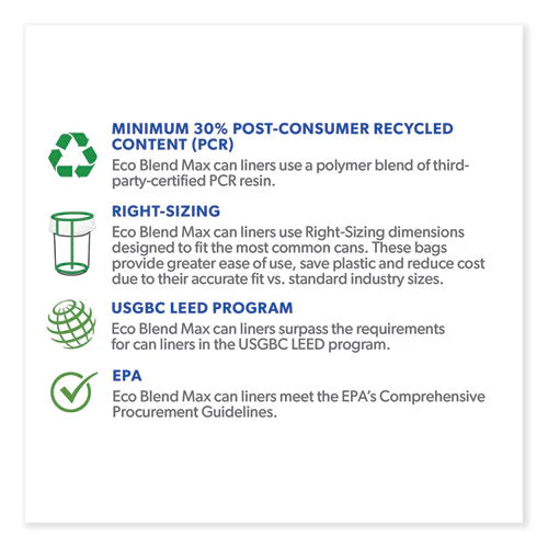 Eco Blend Max Can Liners, 60 gal, 0.8 mil, 38" x 58", Blue, 20 Bags/Roll, 5 Rolls/Carton - OrderMe