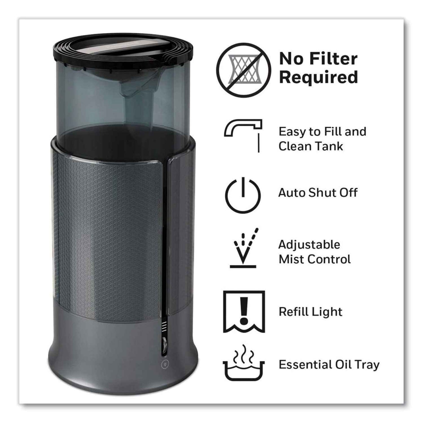 Filter Free Ultrasonic Cool Mist Humidifier, 1.25 gal, 8.8 x 8.8 x 13.2, Black - OrderMe