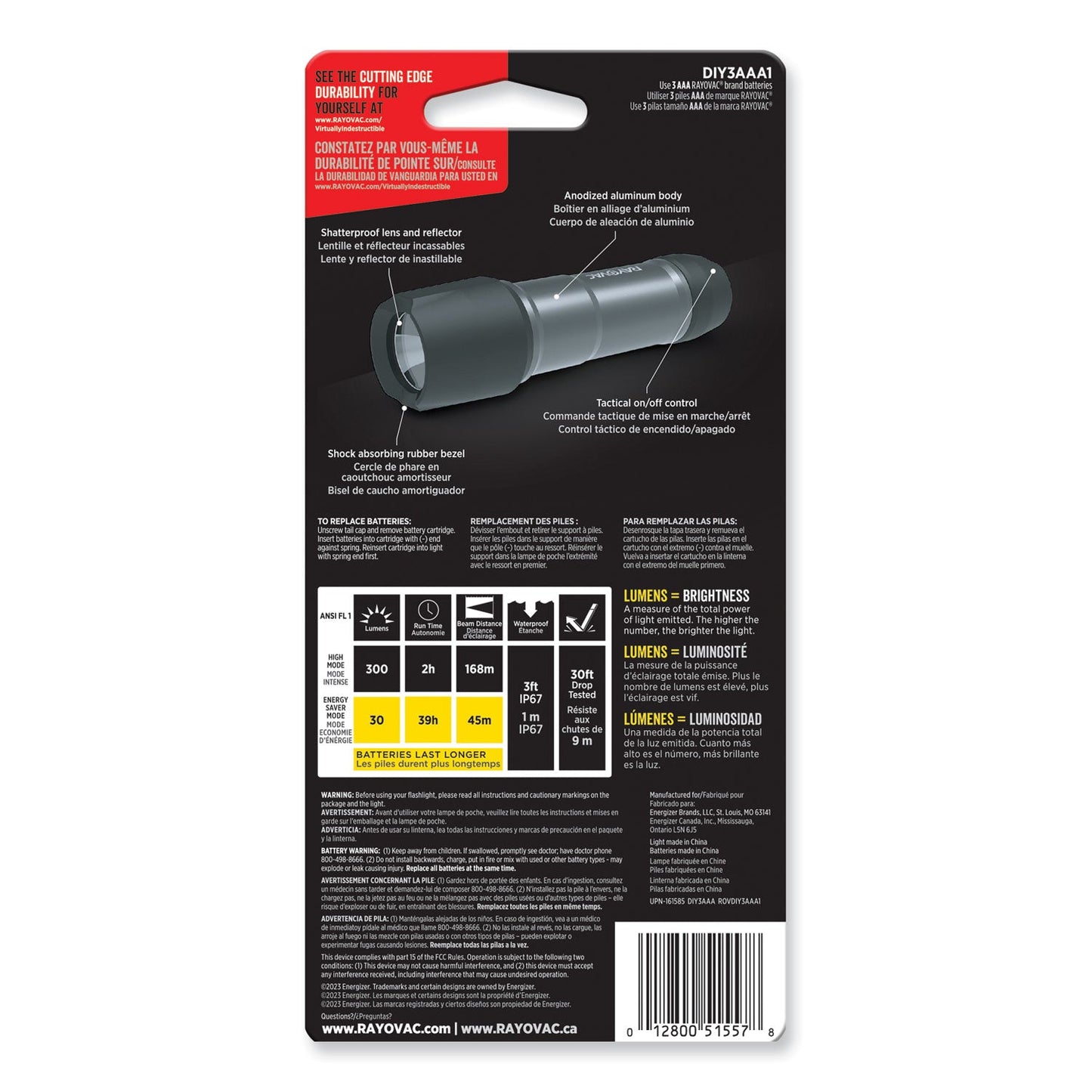 Virtually Indestructible LED Flashlight, 3 AAA Batteries (Included), Black - OrderMe