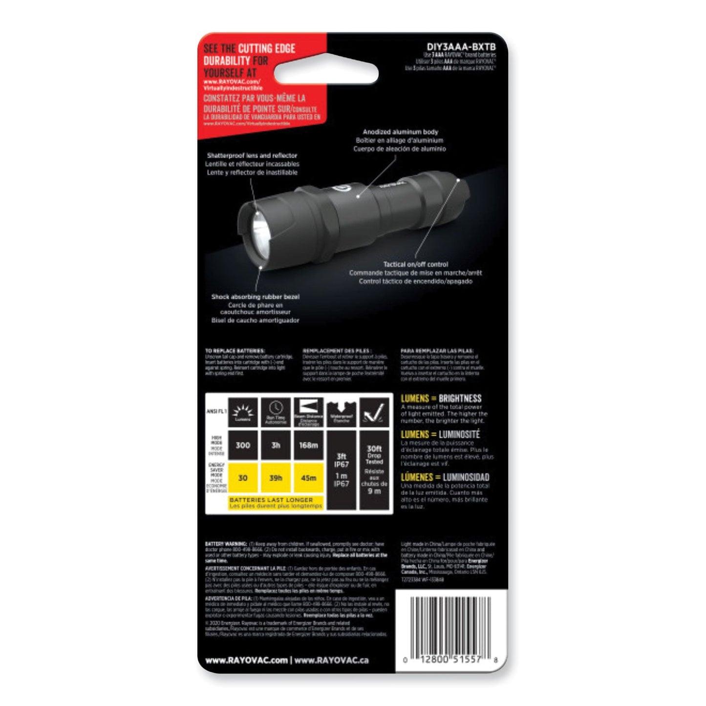 Virtually Indestructible LED Flashlight, 3 AAA Batteries (Included), Black - OrderMe