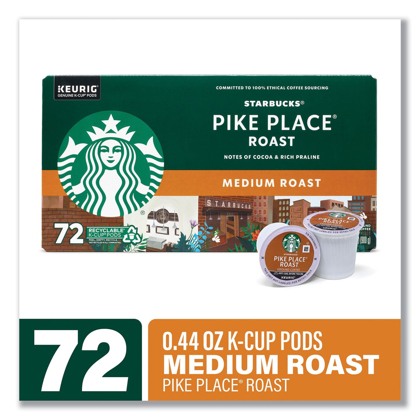 Multiple Pike Place Coffee K-Cups placed together outside the packaging.product-image