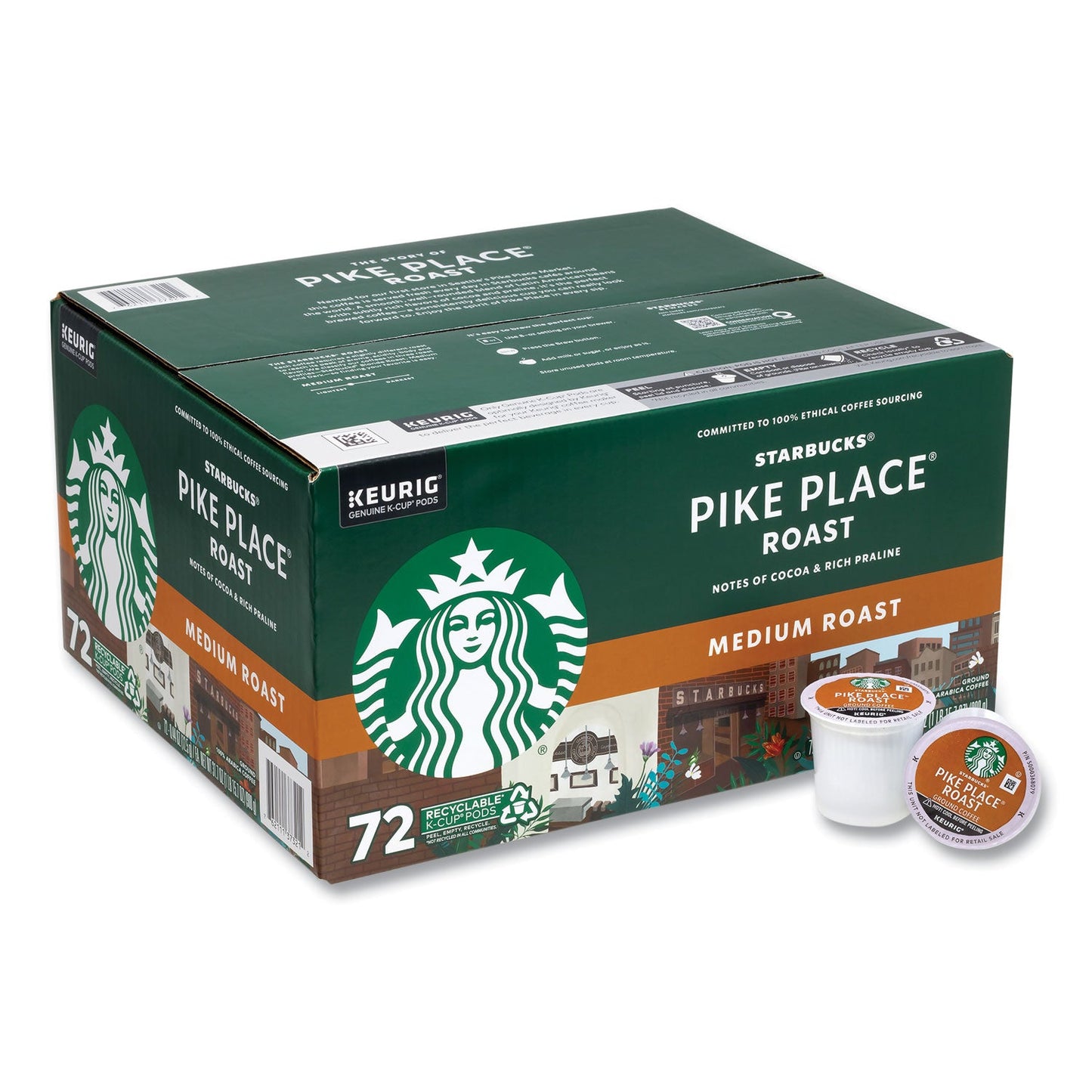 Front view of Pike Place Coffee K-Cups carton containing 72 single-serve pods.product-image