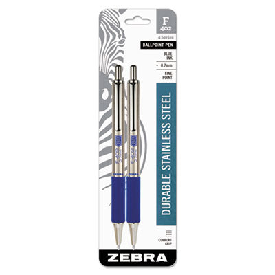 Zebra® F-402 Ballpoint Pen, Retractable, Fine 0.7 mm, Blue Ink, Stainless Steel/Blue Barrel, 2/Pack - OrdermeInc