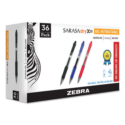 Zebra® Sarasa Dry Gel X20 Gel Pen, Retractable, Medium 0.7 mm, Assorted Ink and Barrel Colors, 36/Pack - OrdermeInc