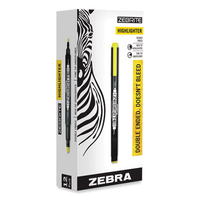 Zebra® Zebrite Eco Double-Ended Highlighter, Fluorescent Yellow Ink, Med-Chisel/Fine-Bullet Tips, White/Black/Yellow Barrel, Dozen - OrdermeInc