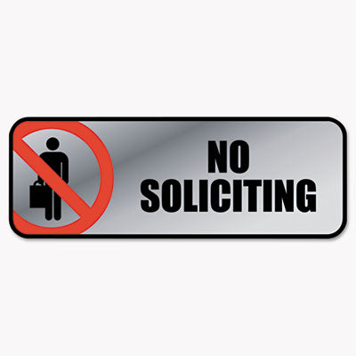 CONSOLIDATED STAMP Brushed Metal Office Sign, No Soliciting, 9 x 3, Silver/Red - OrdermeInc