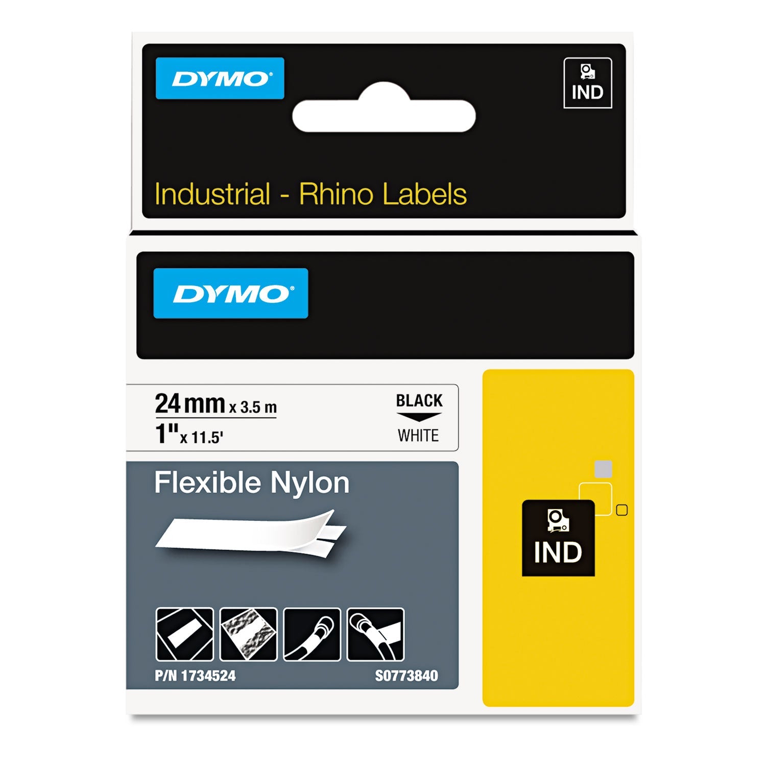 DYMO® Rhino Flexible Nylon Industrial Label Tape, 1" x 11.5 ft, White/Black Print OrdermeInc OrdermeInc