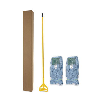 BOARDWALK Looped End Mop Kit, Medium Blue Cotton/Rayon/Synthetic Head, 60" Yellow Metal/Polypropylene Handle - OrdermeInc