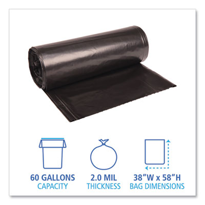 BOARDWALK Recycled Low-Density Polyethylene Can Liners, 60 gal, 2 mil, 38" x 58", Black, 10 Bags/Roll, 10 Rolls/Carton - OrdermeInc
