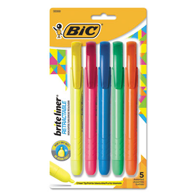 BIC® Brite Liner Retractable Highlighter, Assorted Ink Colors, Chisel Tip, Assorted Barrel Colors, 5/Set - OrdermeInc
