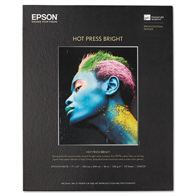EPSON AMERICA, INC. Hot Press Bright Fine Art Paper, 17 mil, 17 x 22, Smooth Matte White, 25/Pack - OrdermeInc