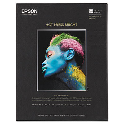 EPSON AMERICA, INC. Hot Press Bright Fine Art Paper, 17 mil, 8.5 x 11, Smooth Matte White, 25/Pack - OrdermeInc