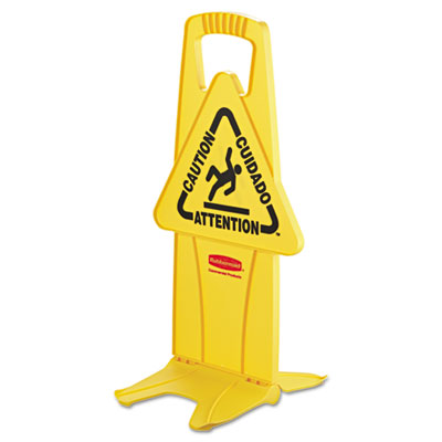 RUBBERMAID COMMERCIAL PROD. Stable Multi-Lingual Safety Sign, 13 x 13.25 x 26, Yellow - OrdermeInc