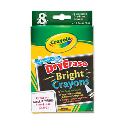 BINNEY & SMITH / CRAYOLA Washable Dry Erase Crayons w/E-Z Erase Cloth, Assorted Bright Colors, 8/Box - OrdermeInc