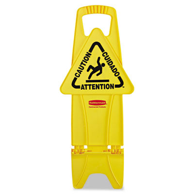 RUBBERMAID COMMERCIAL PROD. Stable Multi-Lingual Safety Sign, 13 x 13.25 x 26, Yellow - OrdermeInc