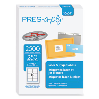 AVERY PRODUCTS CORPORATION Labels, Laser Printers, 2 x 4, White, 10/Sheet, 250 Sheets/Box