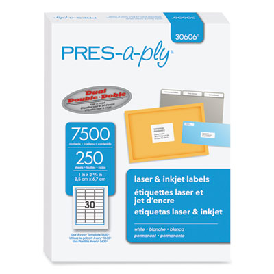 AVERY PRODUCTS CORPORATION Labels, Laser Printers, 1 x 2.63, White, 30/Sheet, 250 Sheets/Box