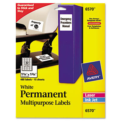 AVERY PRODUCTS CORPORATION Permanent ID Labels w/ Sure Feed Technology, Inkjet/Laser Printers, 1.25 x 1.75, White, 32/Sheet, 15 Sheets/Pack