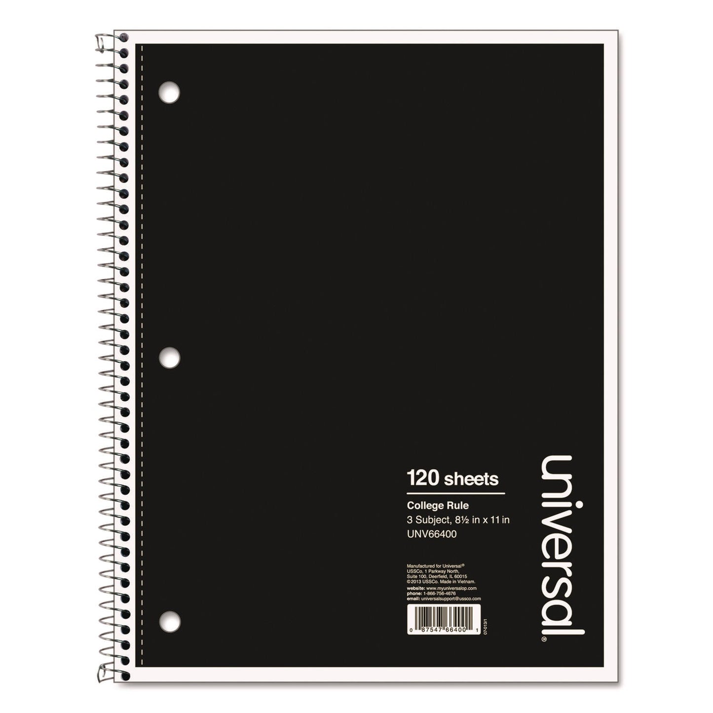 Universal® Wirebound Notebook, 3-Subject, Medium/College Rule, Black Cover, (120) 11 x 8.5 Sheets - OrdermeInc