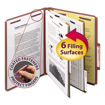 Smead™ Pressboard Classification Folders, Six SafeSHIELD Fasteners, 2/5-Cut Tabs, 2 Dividers, Letter Size, Red, 10/Box OrdermeInc OrdermeInc