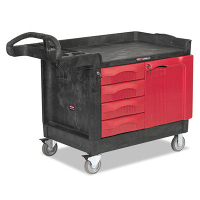 RUBBERMAID COMMERCIAL PROD. TradeMaster Cart with One Door, Plastic, 3 Shelves, 4 Drawers, 750 lb Capacity, 26.25" x 49" x 38", Black - OrdermeInc