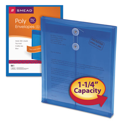 Smead™ Poly String and Button Interoffice Envelopes, Open-End (Vertical), 9.75 x 11.63, Transparent Blue, 5/Pack - OrdermeInc