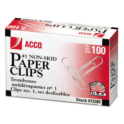ACCO BRANDS, INC. Paper Clips, #1, Nonskid, Silver, 100 Clips/Box, 10 Boxes/Pack