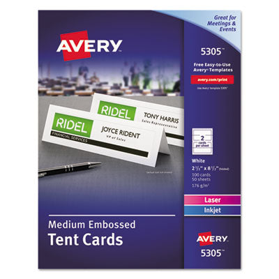 AVERY PRODUCTS CORPORATION Medium Embossed Tent Cards, White, 2.5 x 8.5, 2 Cards/Sheet, 50 Sheets/Box