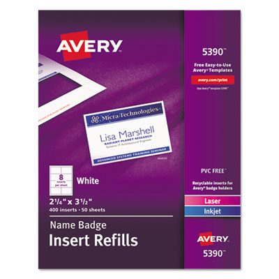 AVERY PRODUCTS CORPORATION Name Badge Insert Refills, Horizontal/Vertical, 2 1/4 x 3 1/2, White, 400/Box